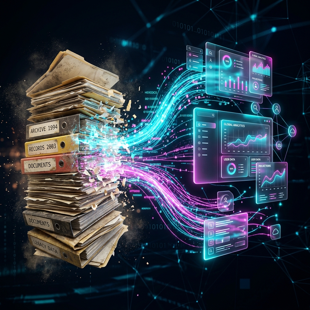 Data Transformation Engine Glowing digital streams representing the transformation of raw public records into actionable B2B leads