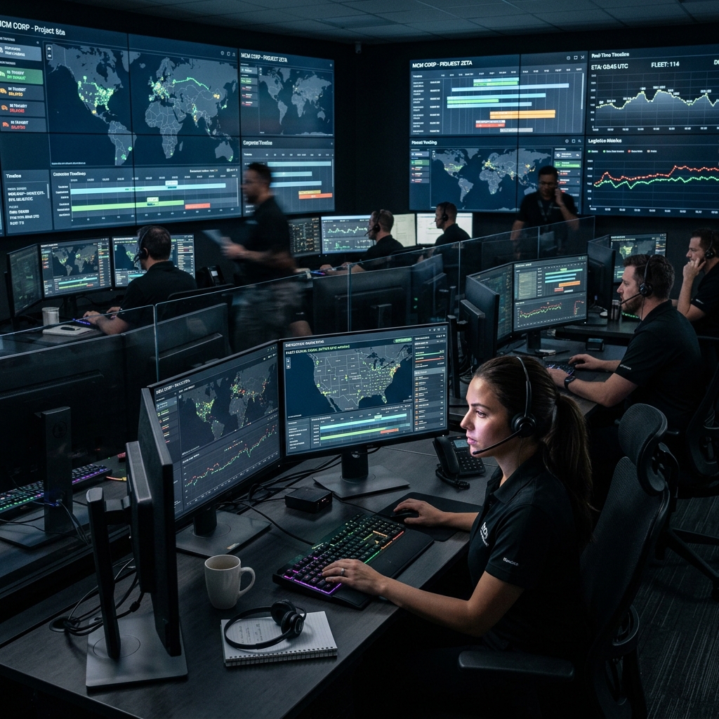 A hyper-realistic, dark-mode cinematic shot of a commercial logistics dispatch command center tracking corporate move timelines.