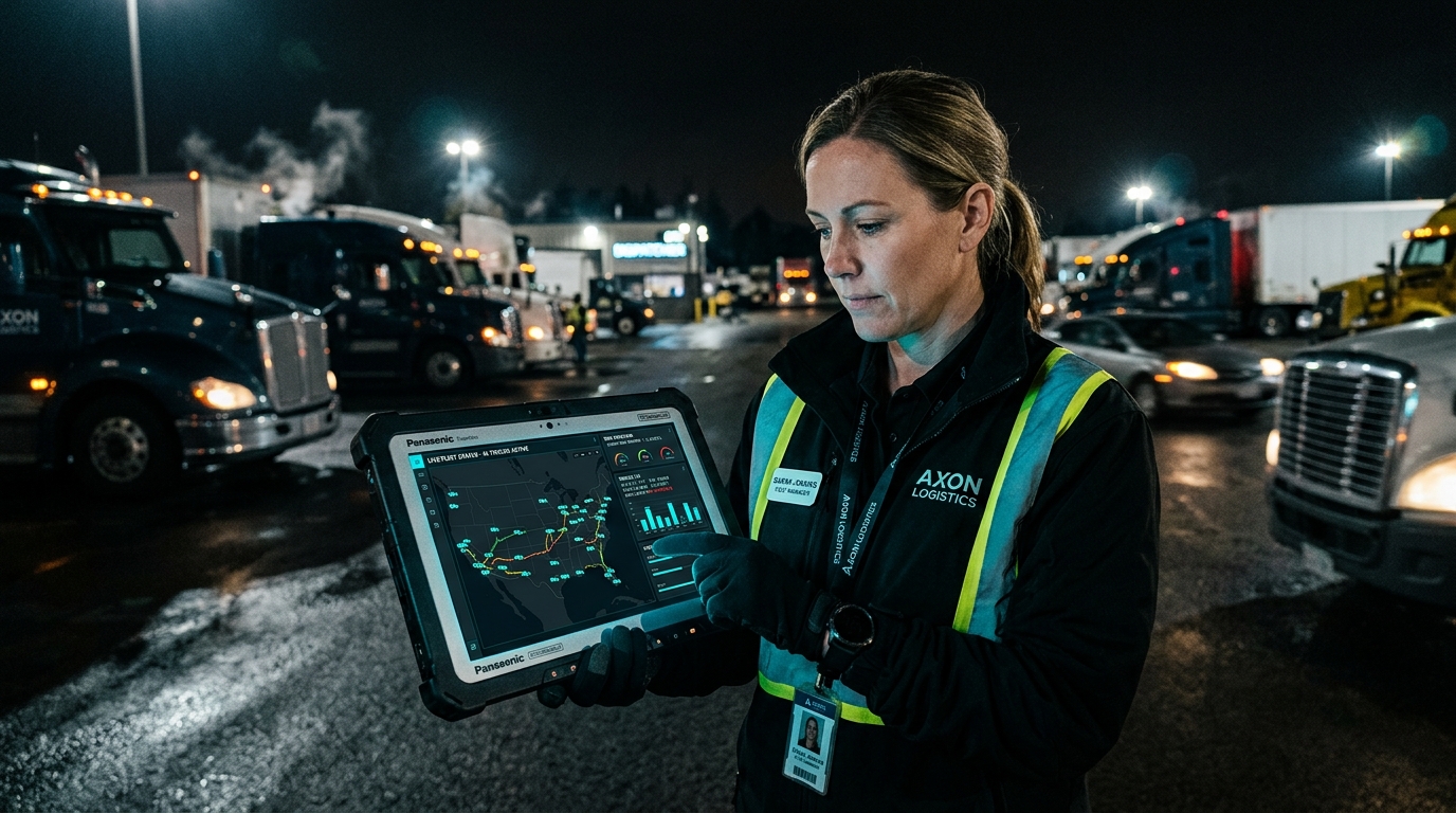 Commercial fleet operations manager inspecting live GPS telematics and insurance analytics on a tablet
