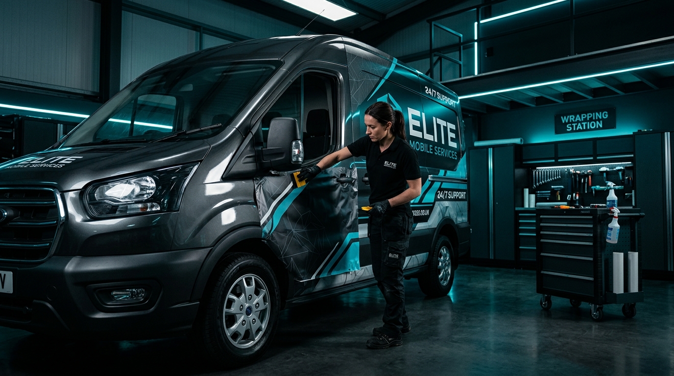 Technician applying a custom vinyl commercial graphics wrap to a brand-new service van