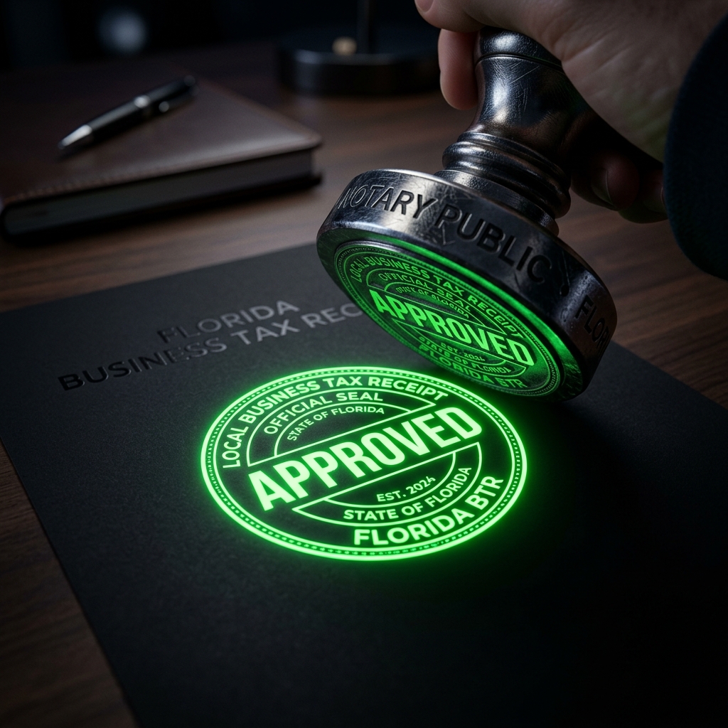 A hyper-realistic, dark-mode macro shot of a sleek, heavy metallic notary stamp pressing down onto a sleek black document, leaving a glowing neon-green seal that says 'APPROVED'.