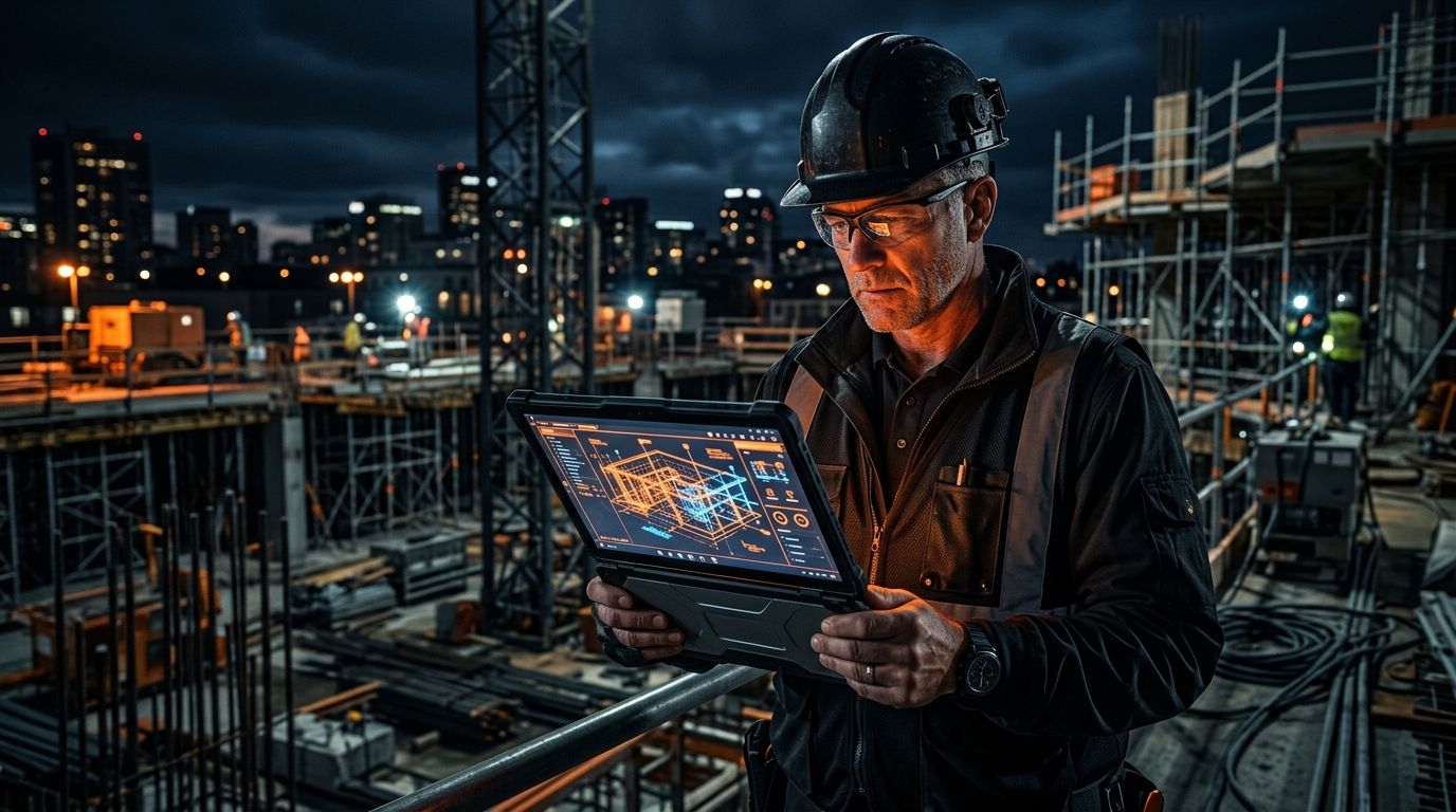 Construction executive reviewing a glowing digital blueprint on a high-tech tablet