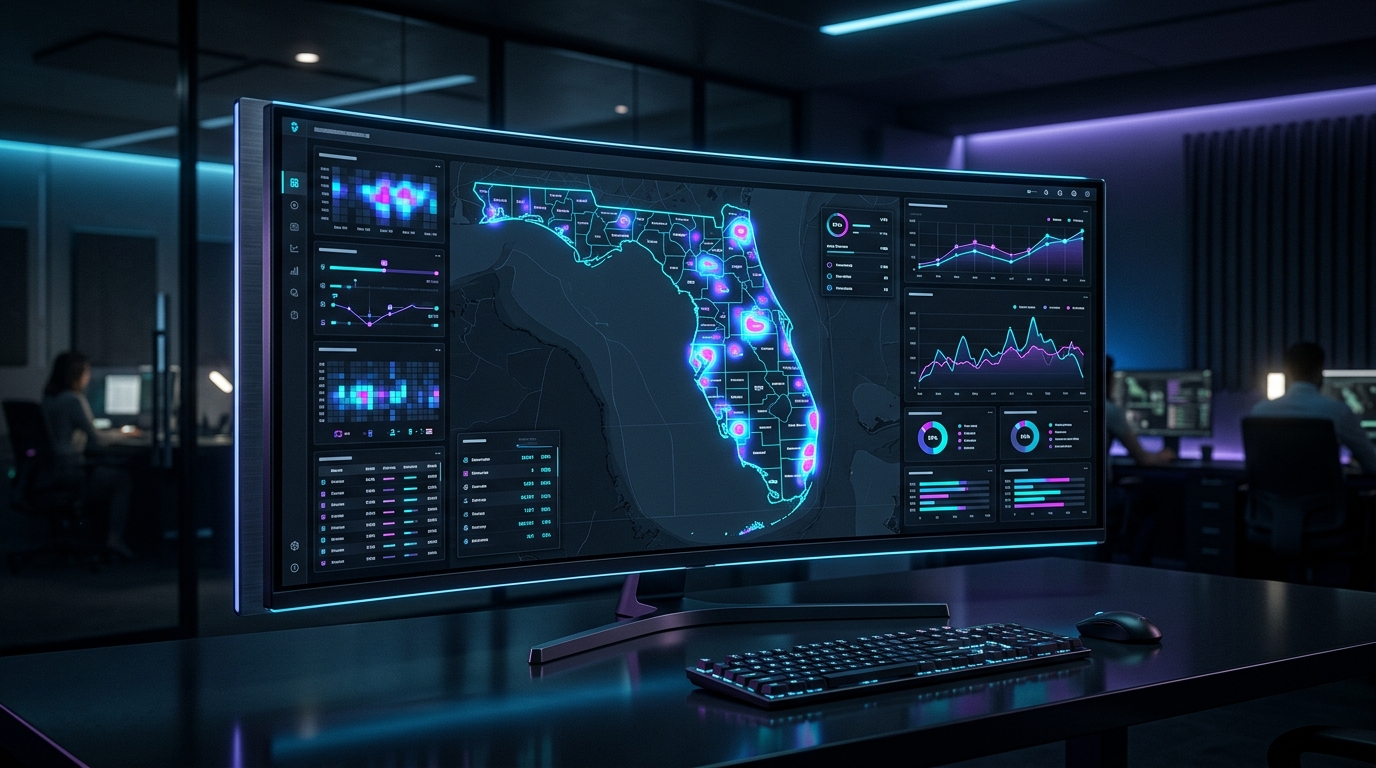 Futuristic data dashboard showing Florida county maps with construction permit heatmaps