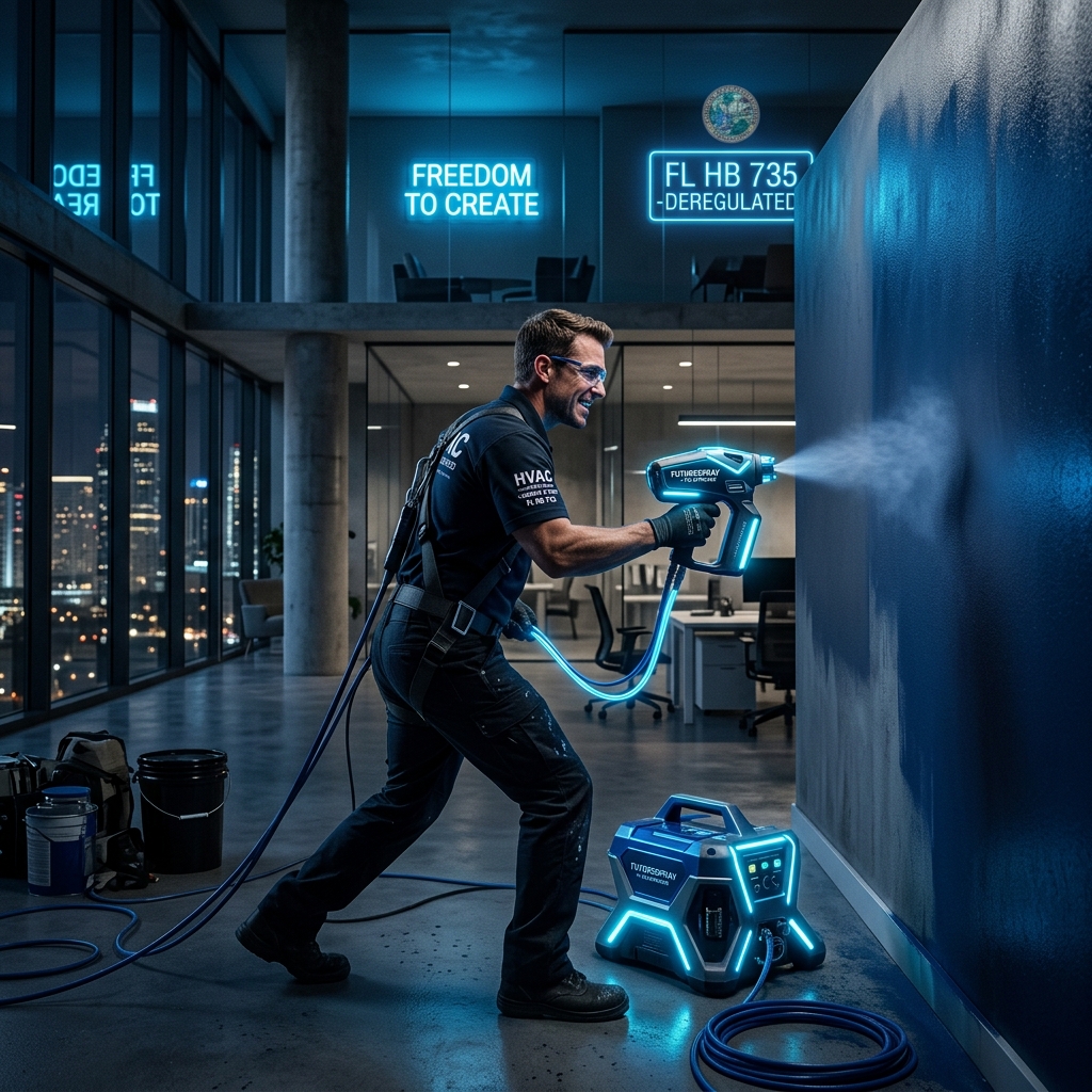 A hyper-realistic, dark-mode cinematic shot of a commercial painter confidently spraying a modern corporate office wall with a futuristic paint sprayer.