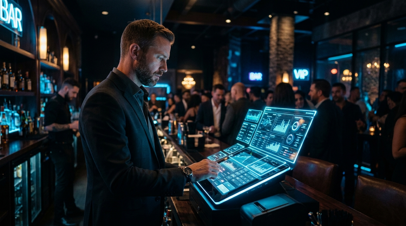 Executive analyzing a high-tech POS terminal with holographic data inside an upscale nightclub