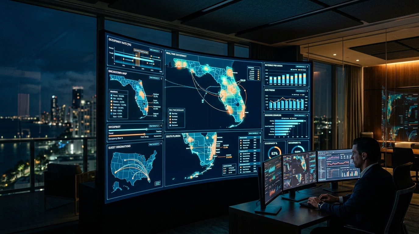 Futuristic data dashboard showing Florida state maps and hospitality metrics