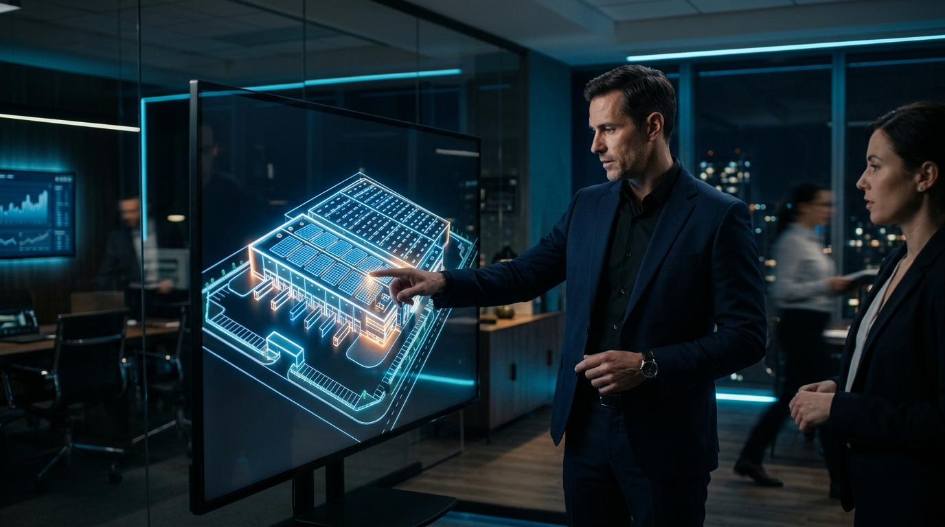 Commercial real estate broker in a sleek office pointing at a glowing digital 3D model of a warehouse