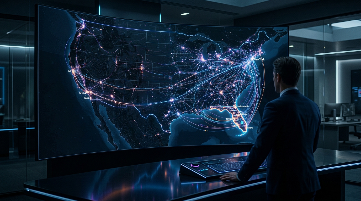 High-tech data visualization showing corporate migration paths into Florida