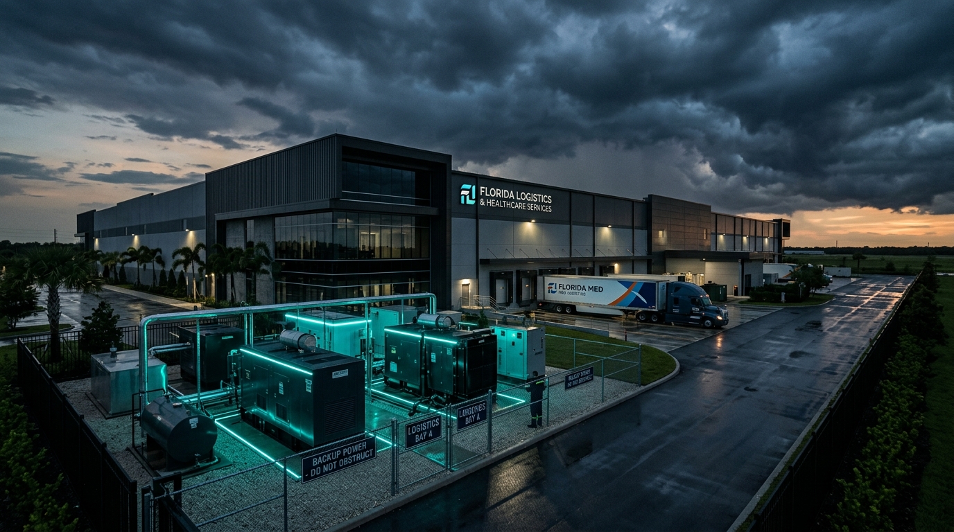Modern Florida healthcare and commercial logistics facility at dusk with backup power infrastructure