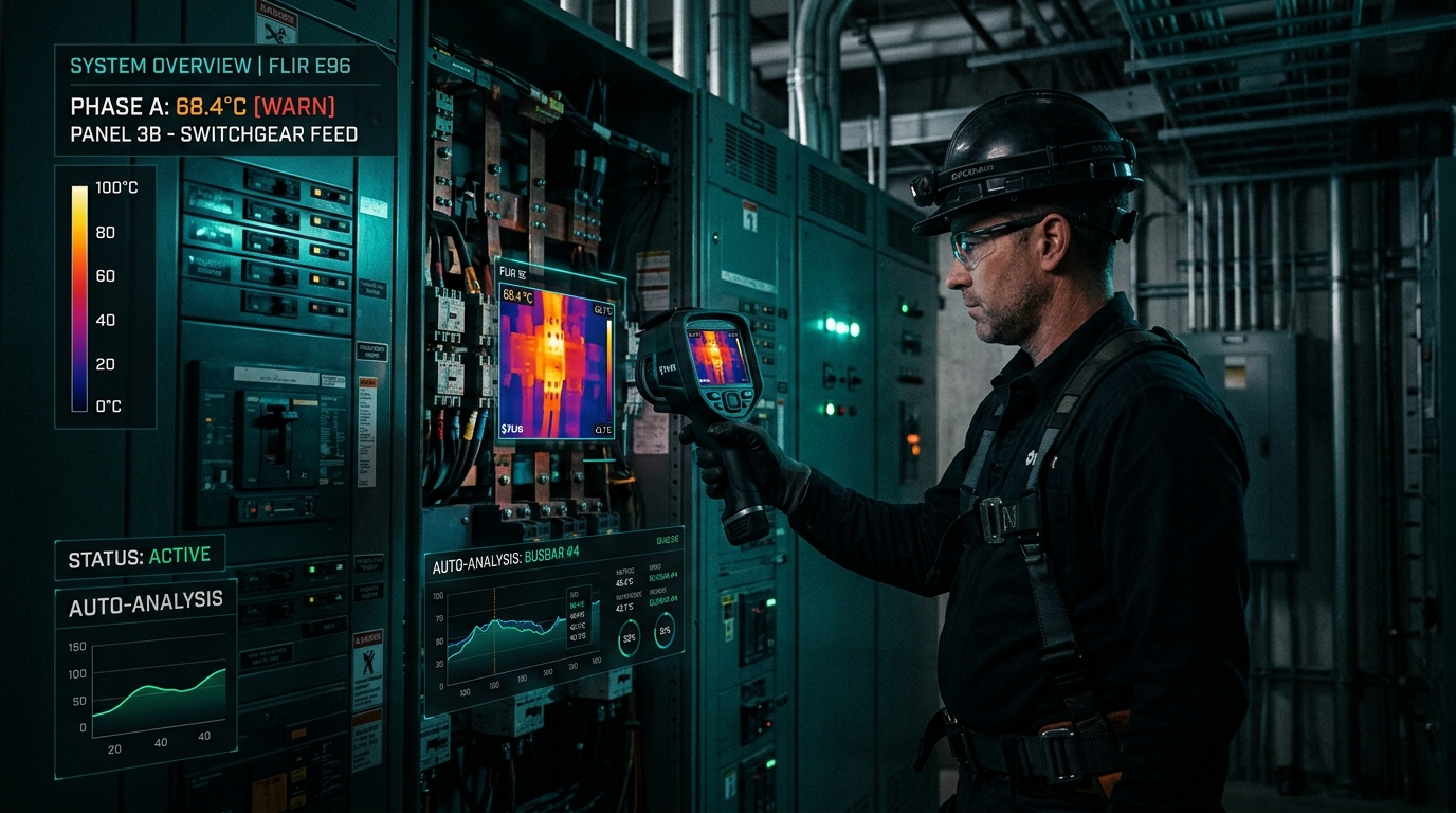 Professional electrician inspecting commercial switchgear using a thermal imaging camera