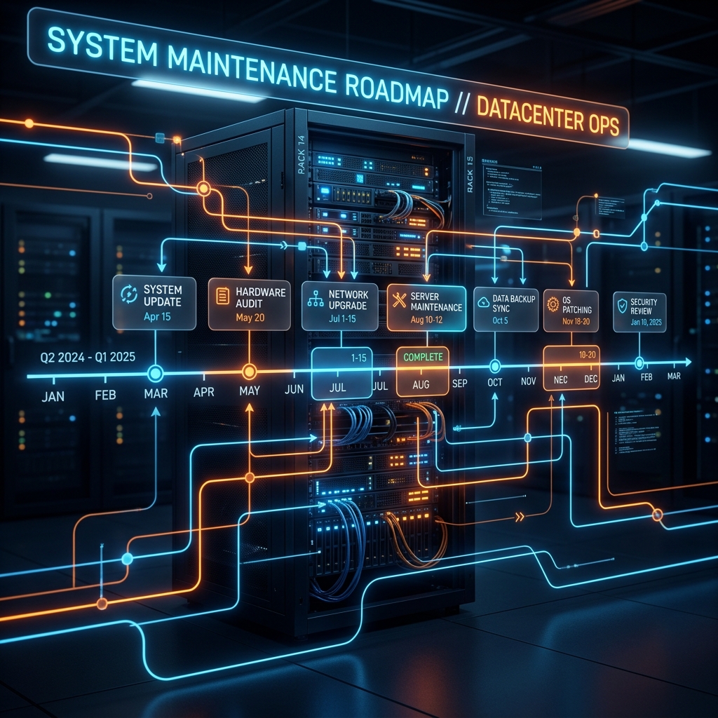 Preventative Maintenance Roadmap A high-tech digital roadmap showing a maintenance timeline over a glowing server rack
