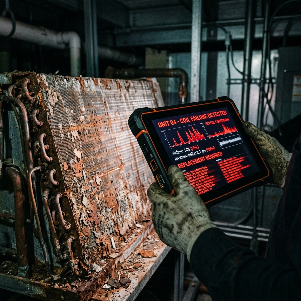 Failing HVAC Coil Analysis A glowing digital tablet scanning a heavily rusted, failing commercial AC coil showing red warning streams