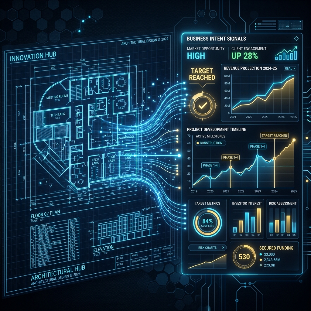 Data-Enriched Blueprints Architectural blueprints overlaid with glowing data metrics showing build-out costs