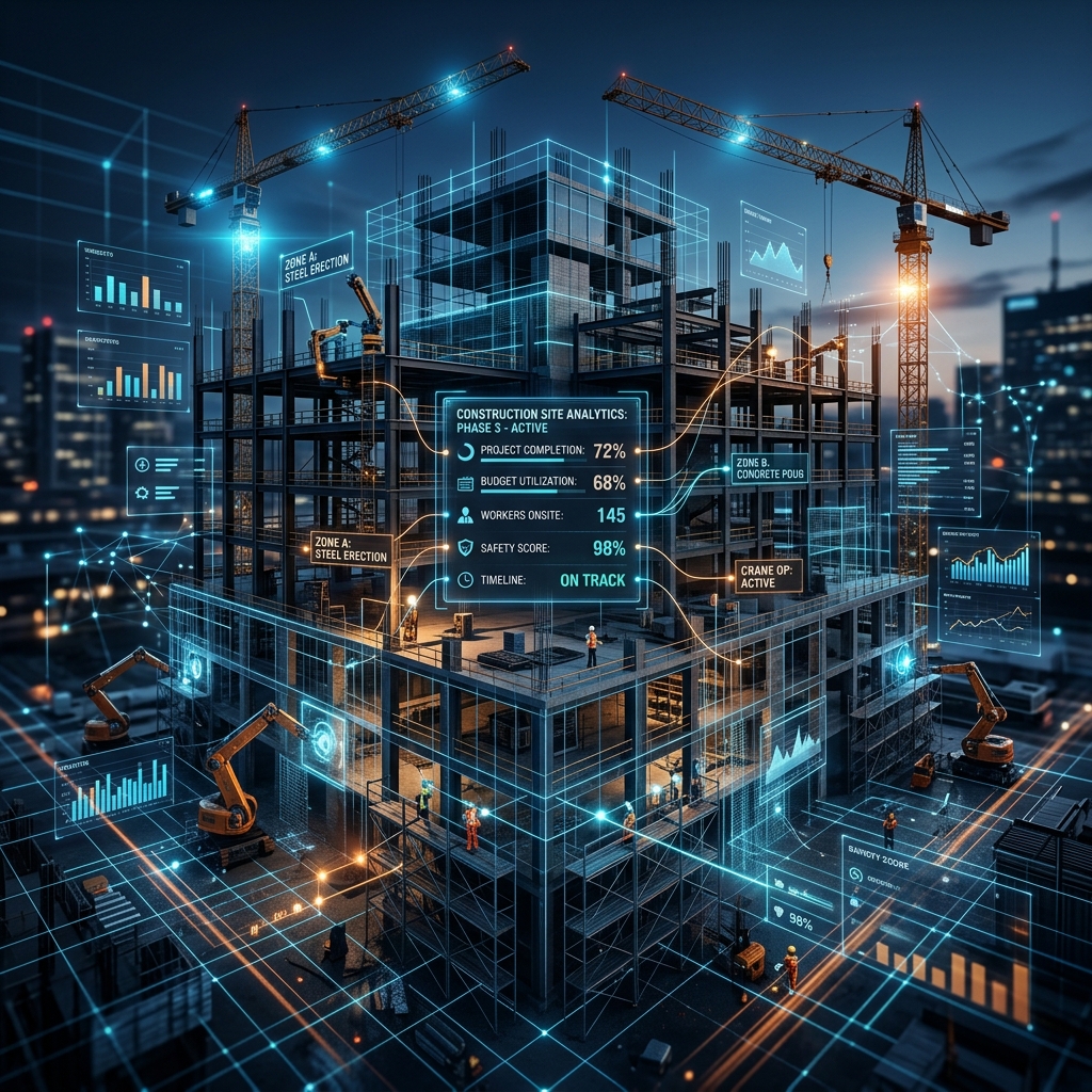 Construction Intent Overlay A commercial construction site at night illuminated by high-tech data overlays