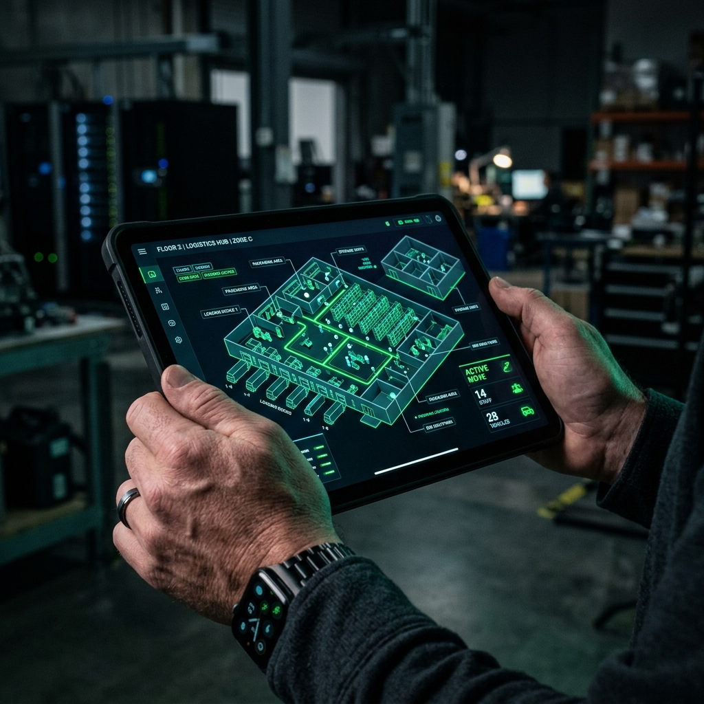 A hyper-realistic, dark-mode macro shot of a logistics director's hands holding a glowing digital tablet displaying a complex commercial moving floorplan.