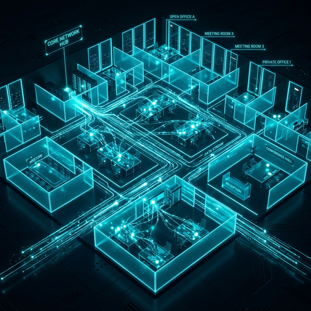 Secure Network Nodes Abstract visualization of glowing network nodes communicating securely