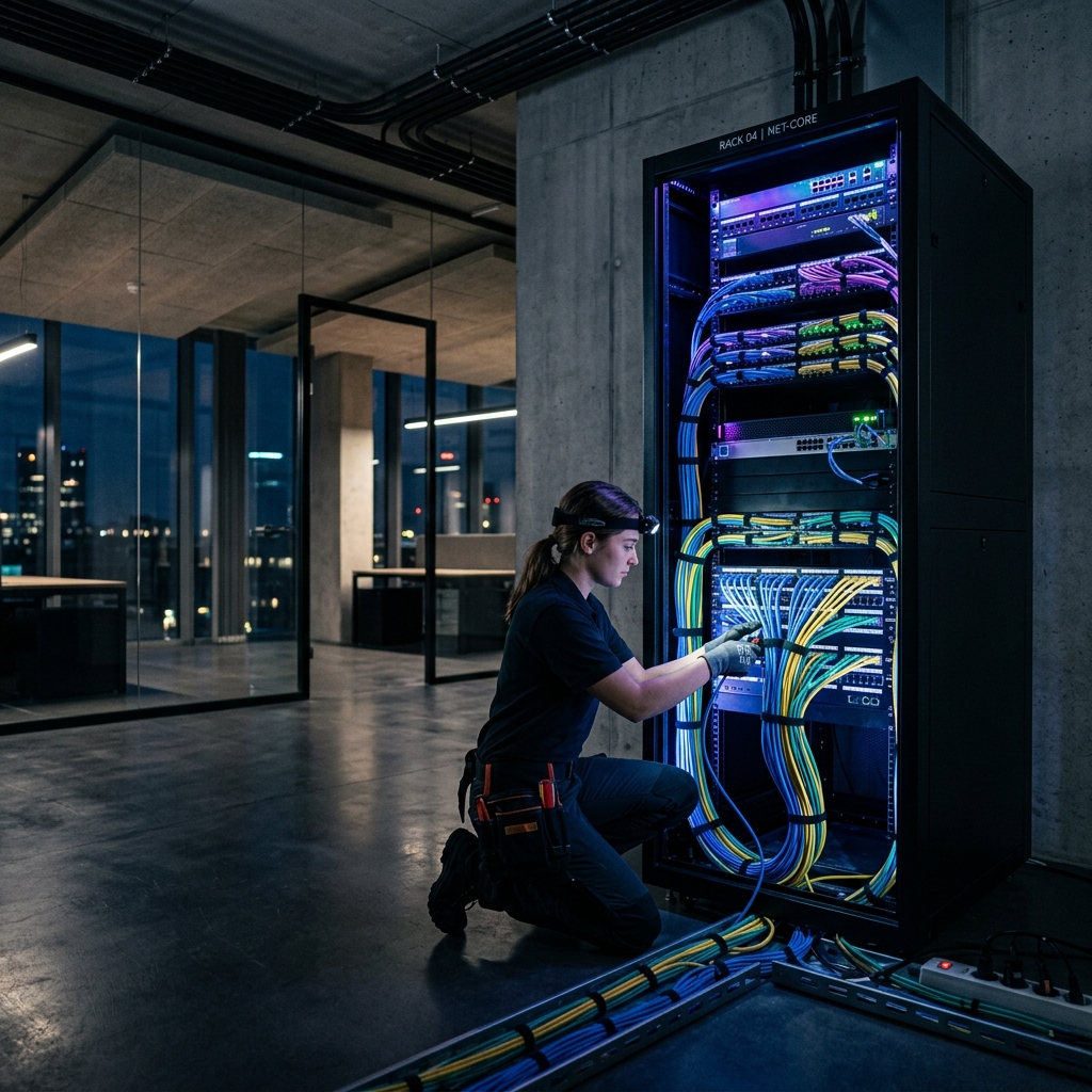 Enterprise Server Rack A pristine, cable-managed corporate server rack bathed in blue LEDs