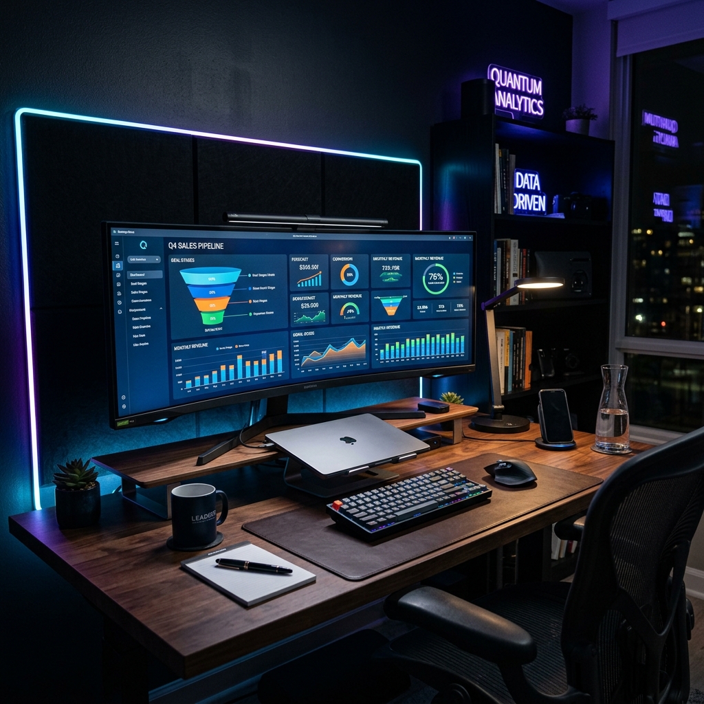 The Modern SDR Workspace A modern, high-tech sales development representative workspace with multiple monitors