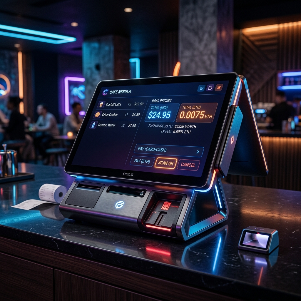 Modern Restaurant POS A sleek, dual-screen Point of Sale terminal showing advanced analytics
