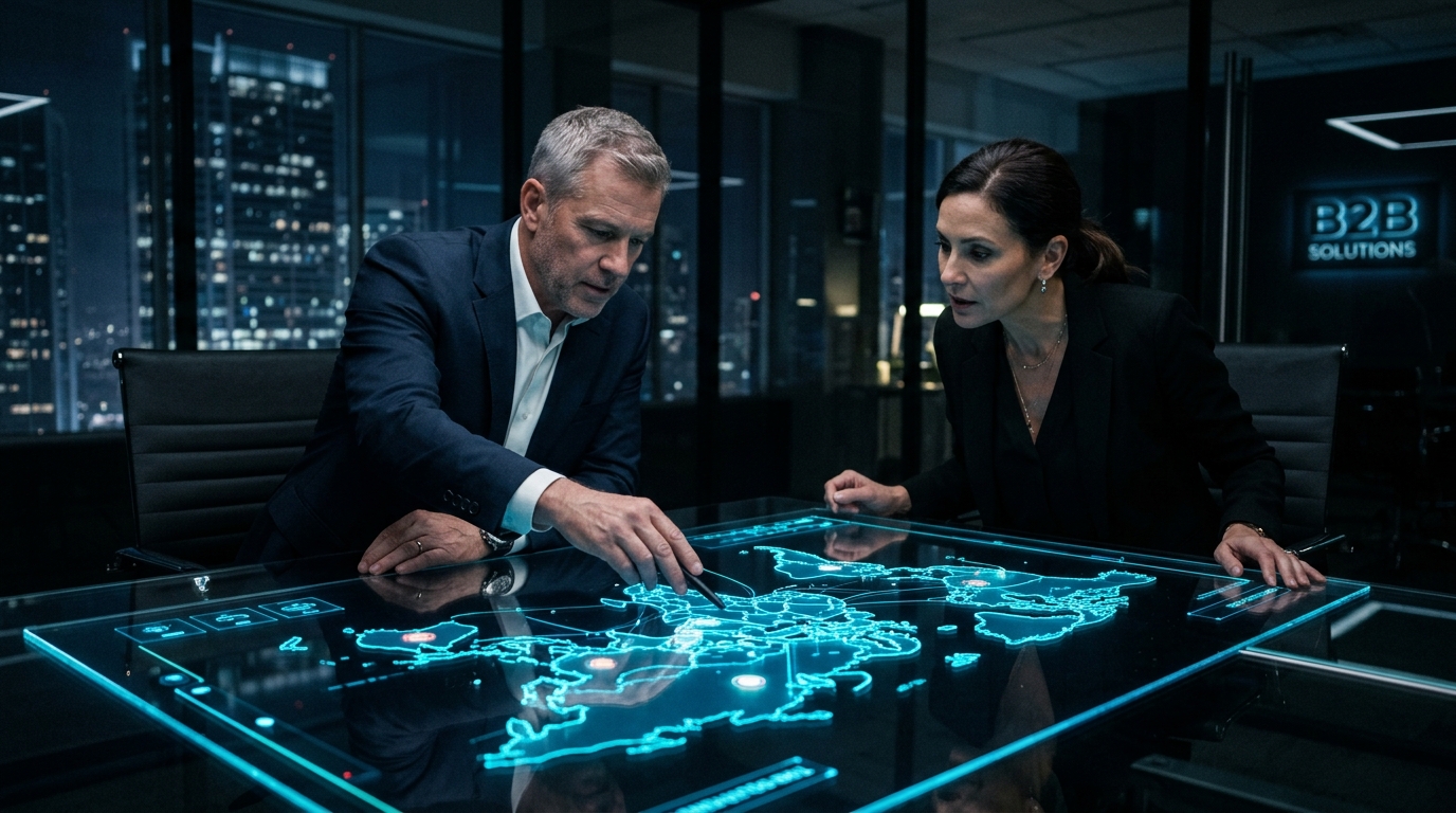 Executives analyzing a glowing digital territory map