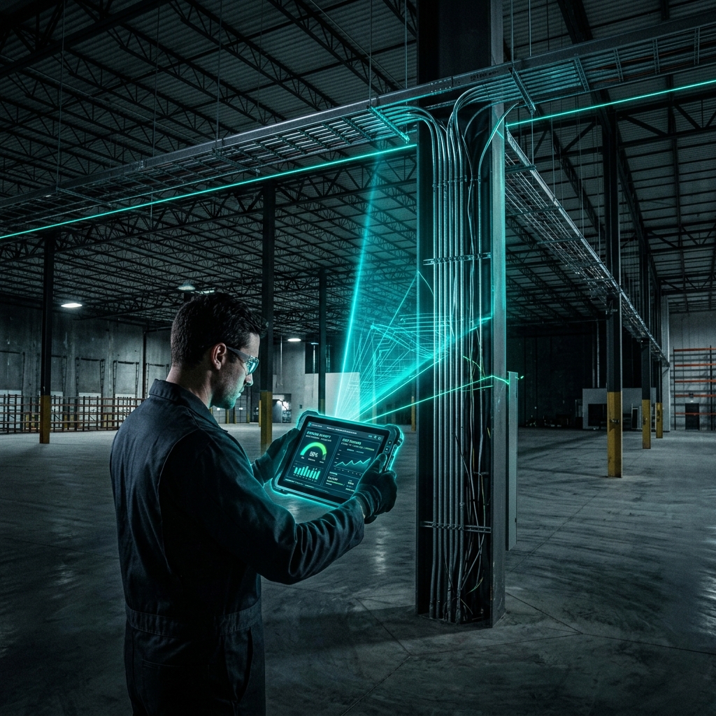 Commercial Security Infrastructure Audit A digital tablet scanning exposed conduit and wiring in a massive empty commercial warehouse