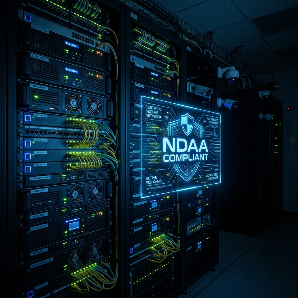 NDAA Compliant NVR Servers A massive bank of professional-grade NVR servers with an NDAA COMPLIANT holographic shield