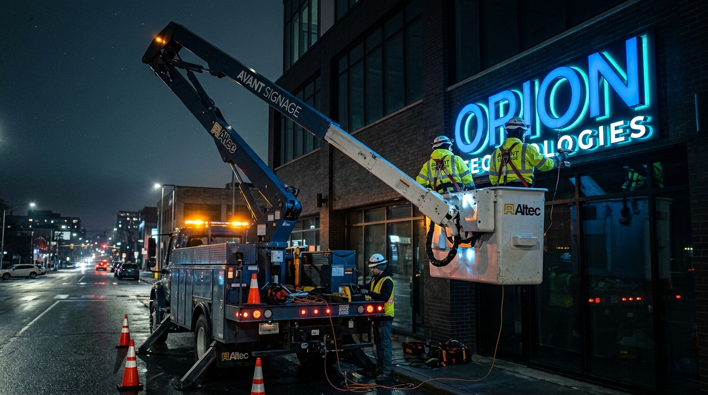 Sign installation bucket truck crew installing hurricane-rated illuminated LED channel letter signage on a building facade at night