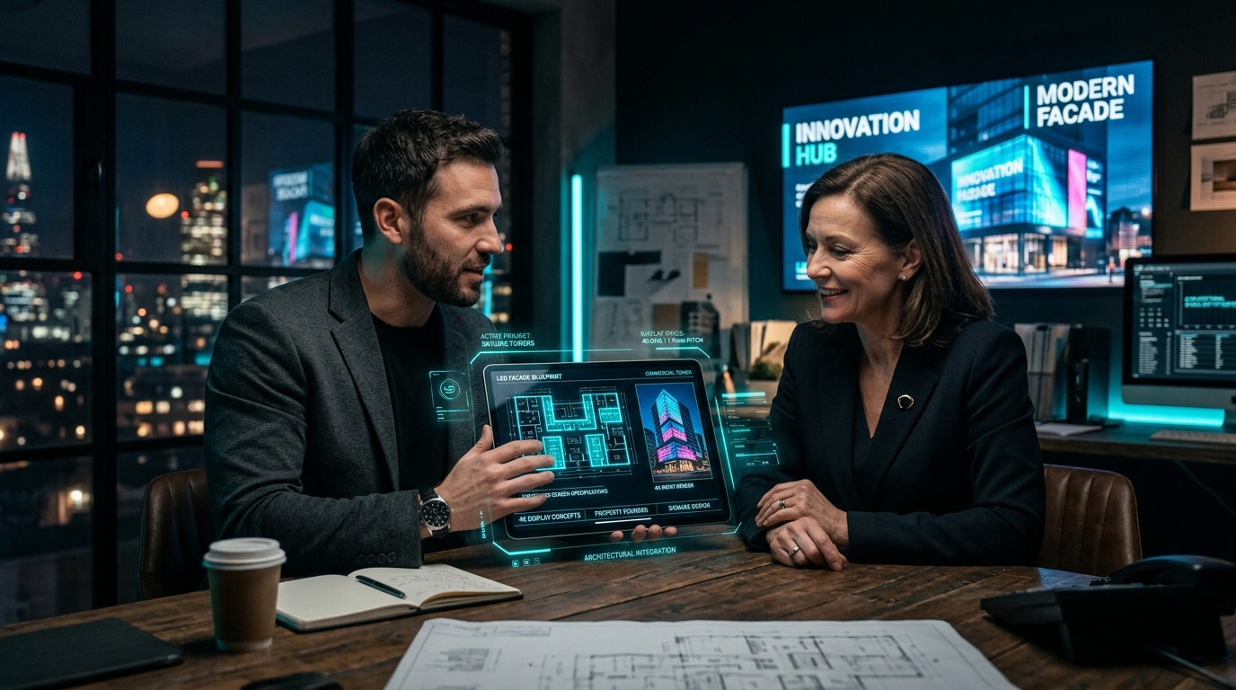 Commercial signage designer presenting digital 4K window displays and architectural LED blueprints to a property founder