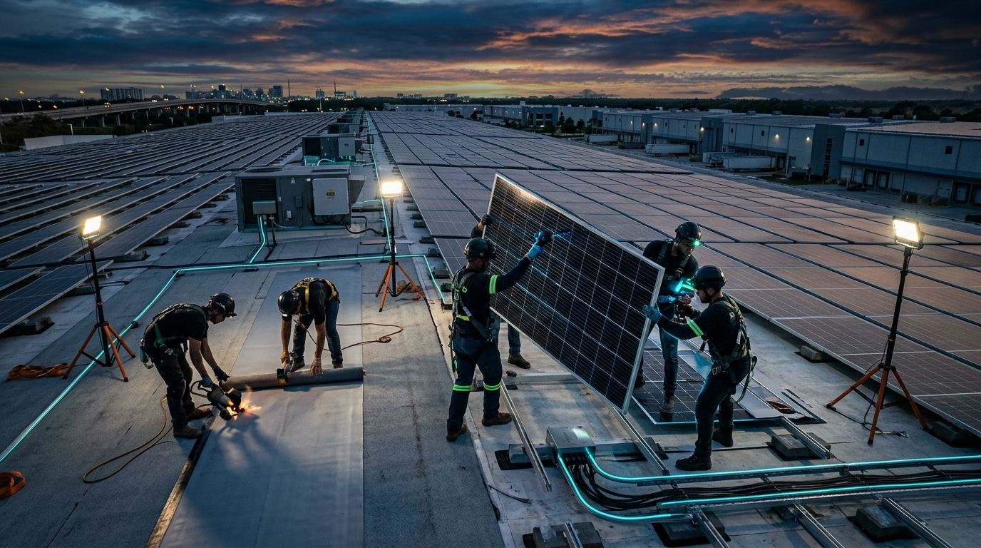 Commercial roofing and solar installation crew fitting a commercial solar array on a large Florida warehouse roof at dusk